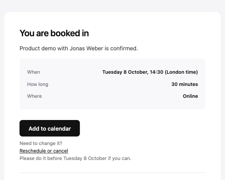 Preview of the Booking confirmed template