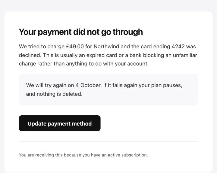 Preview of the Payment failed template