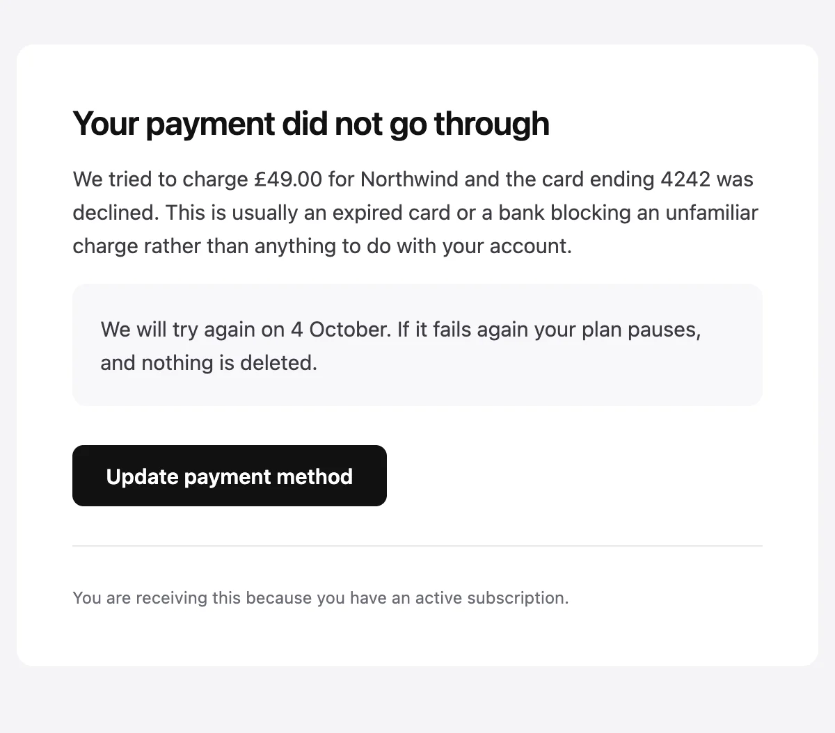 Preview of the Payment failed template
