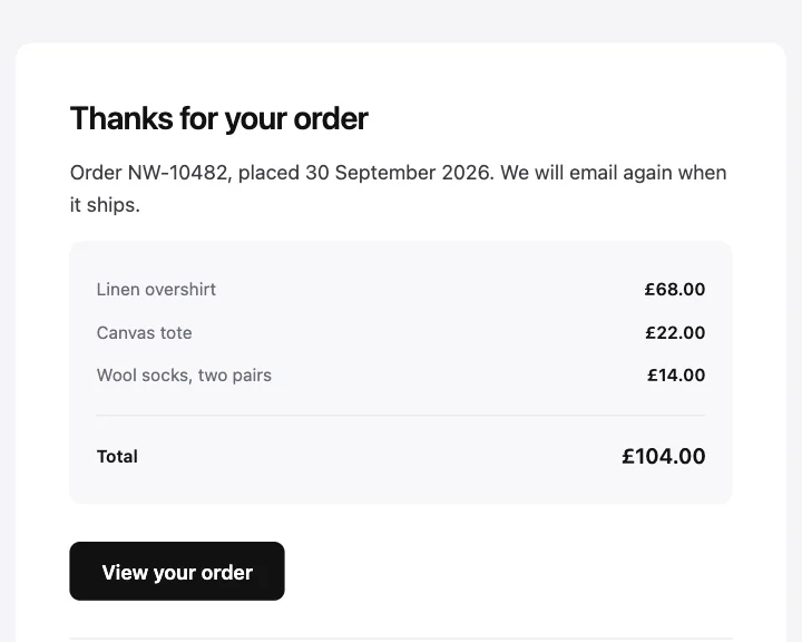 Preview of the Order receipt template