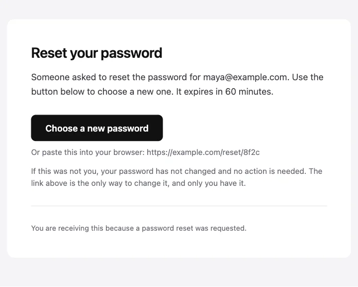 Preview of the Password reset card template
