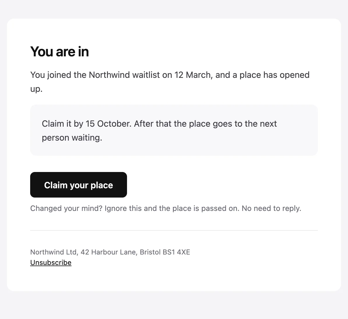 Preview of the Waitlist invitation template